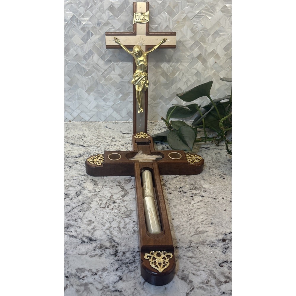 Vintage Wooden Standing Last Rites Crucifix Sick Call Candles Holy Water Bottle